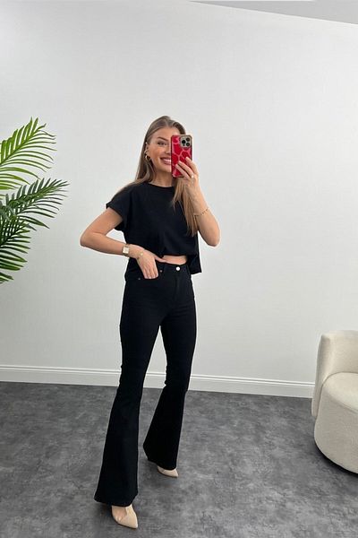 MAKRAS EXCLUSIVE Pantaloni de damă JNX Lara, negri, cu picior largi din denim din lycra