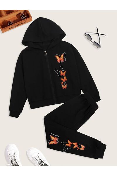 MORNİNG KİDS Set de hanorac și trening pentru copii cu glugă neagră și fermoa...