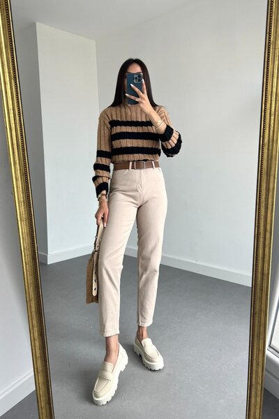 MAKRAS EXCLUSIVE MR Beige Mom Jean Women Boyfriend Ψηλόμεσο τζιν Lycra