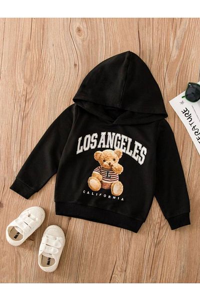 MORNİNG KİDS Dětská černá mikina LosAngeles Teddy Bear s potiskem a kapucí