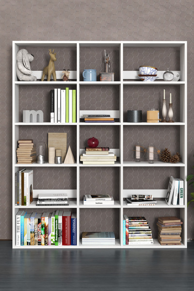 KZY Geniş 15 Raflı Kitaplık 169cm*143cm Beyaz