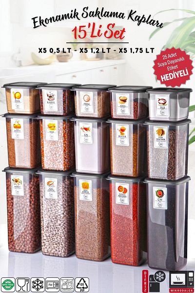 Nandy Home Anthracite Economical Storage Set of 15 - Unbreakable Container with Label, X5 - 1,75/1,2/0,5 Lt