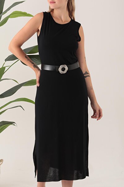 ESPİNA Women's Viscose Belted and Slit Casual Dress