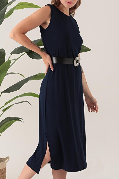 ESPİNA Kadın Viskon Kemerli ve Yırtmaçlı Günlük Elbise