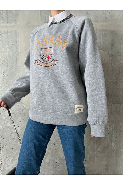 Qu Style Embroidered, Crew Neck, Oversize, Trend, Elegant, 3 Thread Raised, Women's Sweatshirt