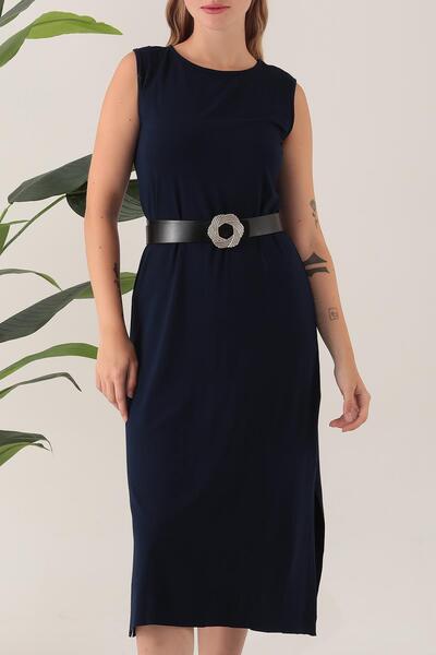 ESPİNA Kadın Viskon Kemerli ve Yırtmaçlı Günlük Elbise