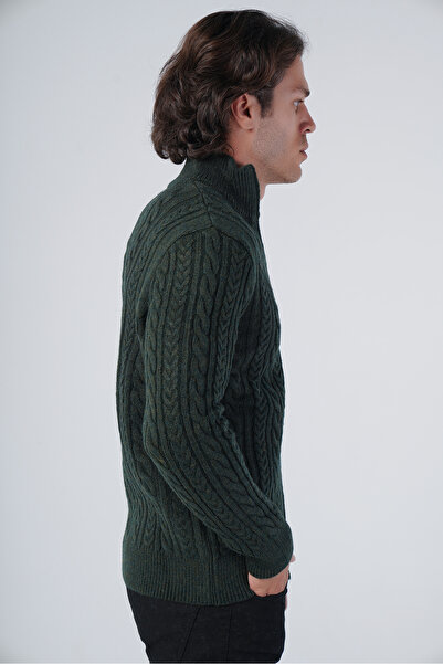 Trist Star Χακί ανδρικά μαλλιά πλεκτά με φερμουάρ γιακάς όρθιο πλεκτό μάλλινη ζακέτα