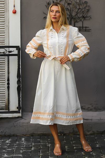 Chiccy Cream Colored Shirt Collar Balloon Cufflinks Belted Embroidered Woven Dress