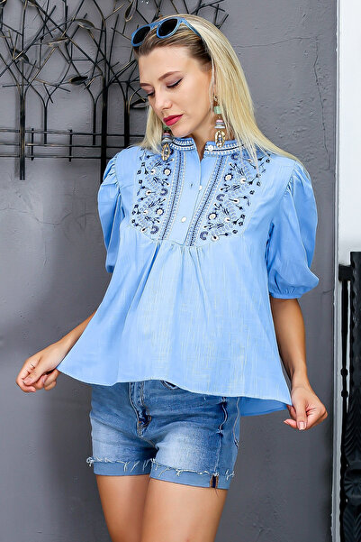 Chiccy Μπλούζα με κεντημένη υφαντή μπλούζα με μανικετόκουμπα με μπαλόνι γιακά