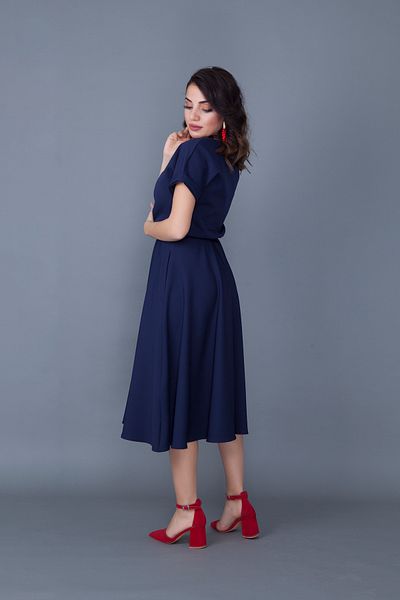 bayansepeti Navy Blue Flexible Atlas Fabric Midi Length Waist Elastic Pocket Design Short Sleeve Flared Evening Dress 222