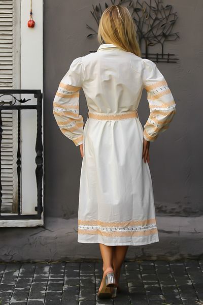 Chiccy Cream Colored Shirt Collar Balloon Cufflinks Belted Embroidered Woven Dress