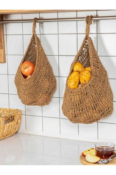 Nympha 2-Piece Mesh Drip Organizer, Hand Knitted Fruit Vegetable Basket, Hanging Basket, Vegan Jute Rope
