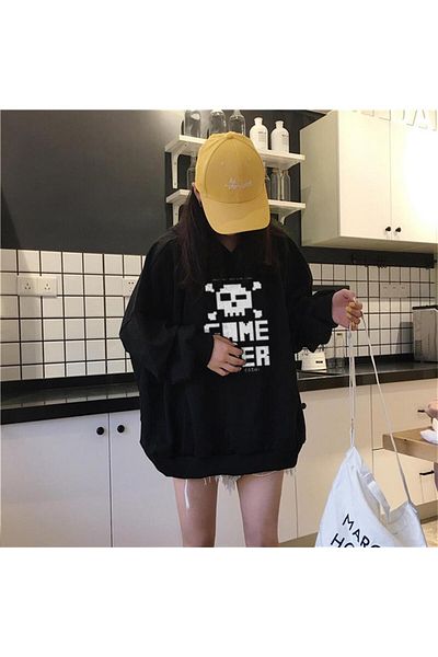 Touz Game Over Printed Μαύρο Unisex Oversize φούτερ με κουκούλα
