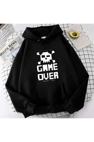 Touz Game Over Printed Μαύρο Unisex Oversize φούτερ με κουκούλα