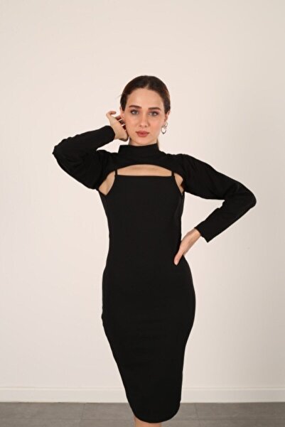 ELASYA Stand Neck Neck Collar Sleeve - Crna ogrlica sa dugim rukavima Hijab N...