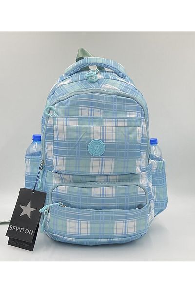 Bevitton Imported Seten Waterproof Fabric Unisex Plaid Turquoise Backpack