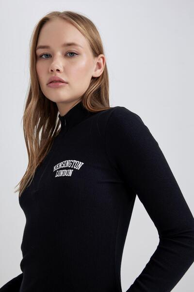 DeFacto Coool Bodycon Yarım Balıkçı Yaka Fitilli Kaşkorse Uzun Kollu Mini Elbise B2467ax23au