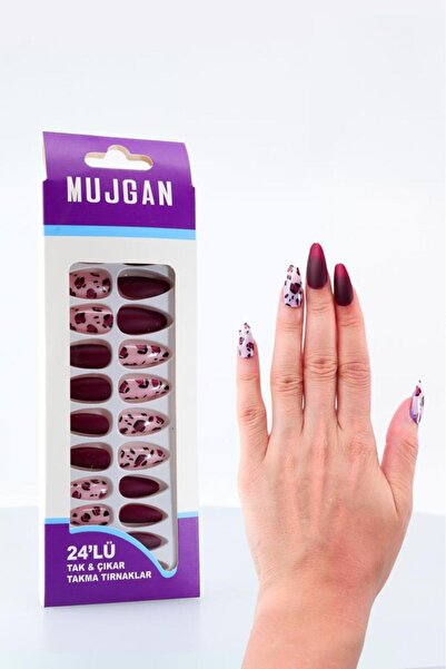 MUJGAN 24'lü Parlak Bordo Leopar Desenli Takma Tırnak T-81 B