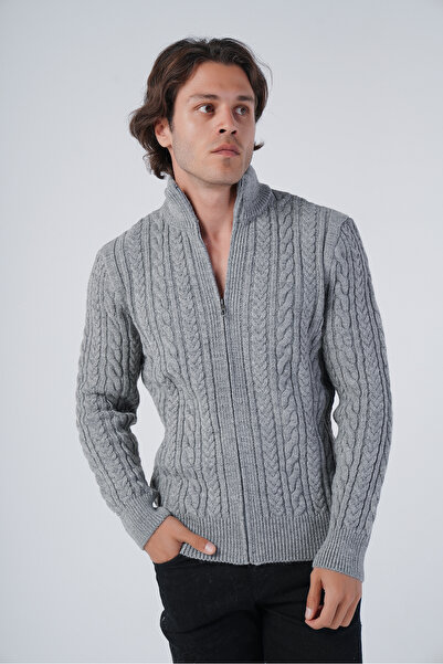 Trist Star Gray Men's Hair Braided Execution Zippered Stand Collar Knitwear W...
