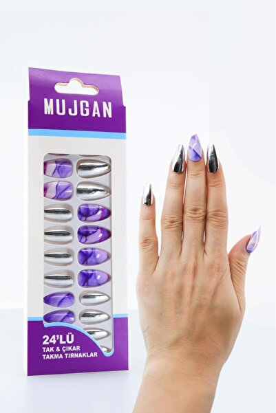 MUJGAN 24'lü Parlak Mor-Gümüş Takma Tırnak T-85 F