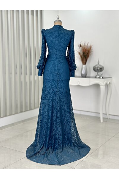 Rana Zenn Mira Beli Korsajlı Büzgülü Kuyruklu Petek Desenli Dantel Abiye Petrol