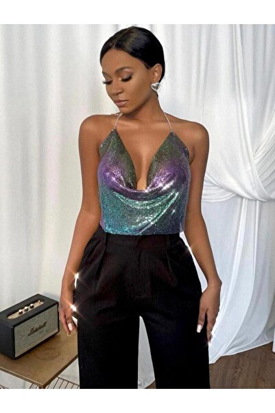 TREND Kristal Taşlı Parlak Crop Ve Kayık Yaka Parti Plaj Büstiyer