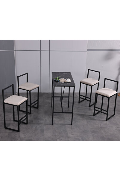 VIANEM 4 Adet Bar Sandalyesi Bar Masası Takımı - Siyah Mermer Desen Masa