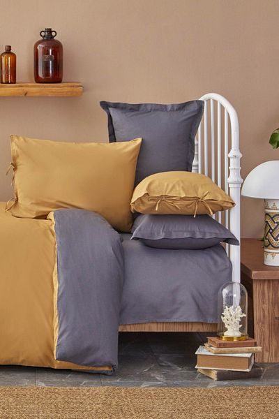 Karaca Home Σετ Παπλωματοθήκη Διπλής Όψης Basic-Anthracite Mustard 100% βαμβάκι