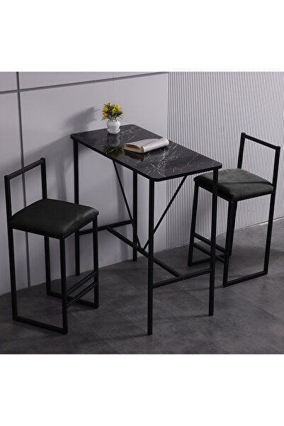 VIANEM 2li Bar Sandalyesi Masa Takımı - Siyah Mermer Desen Masa