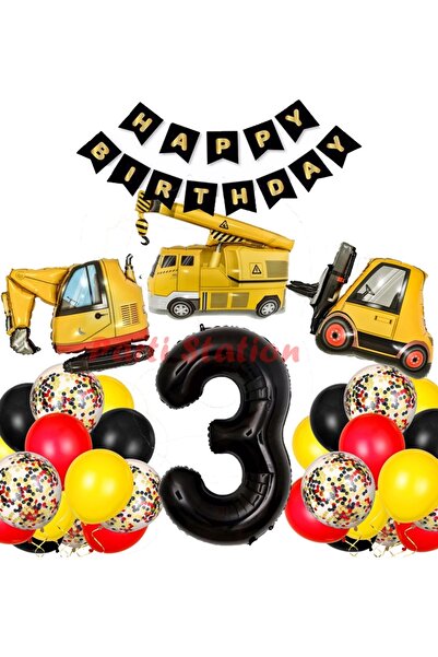 Parti Station İş Makinaları İnşaat Parti 3 Yaş Balon Set Kepçe Balon Vinç Bal...