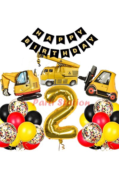 Parti Station İş Makinaları İnşaat Parti 2 Yaş Balon Set Kepçe Balon Vinç Bal...
