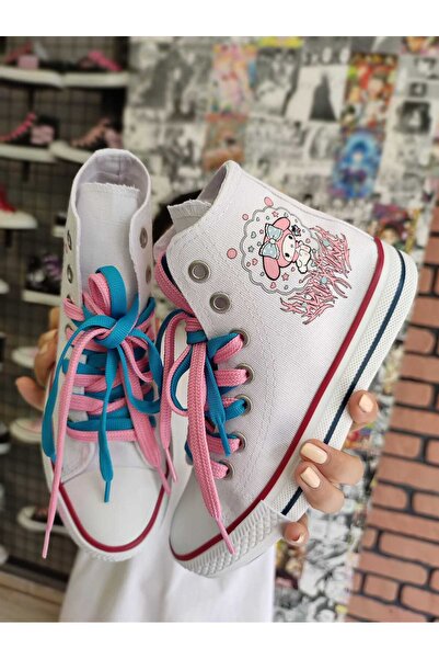 MECH BUTİK My Melody Fringed Pink Printed White High Top Sneakers Snekaer