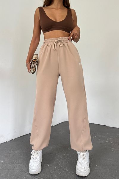 Sun Victoria Γυναικείο Κρεμ Κεντημένο Ρυθμιζόμενο Oversize Φαρδύ παντελόνι/Φούτερ