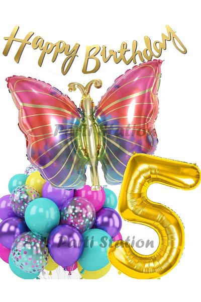 Parti Station Colorful Butterfly 1 Year Old Balloon Set Colorfull Butterfly Rainbow Concept Party Birthday Balloon Set