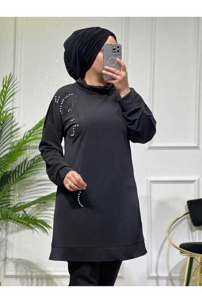 masalabiyem 1375 K 50 SİYAH DEGAJE YAKA BEYOGLU TAŞLI TUNİK