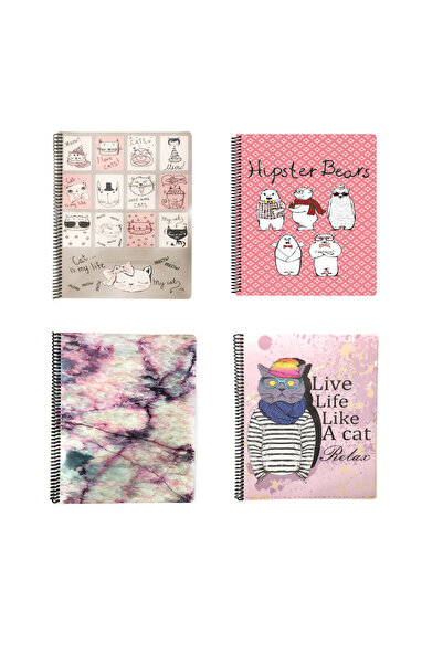 FLY COLOR A5 P.P Kapak 80 Yaprak Kareli Desenli Spiralli Defter Seti 4 Adet