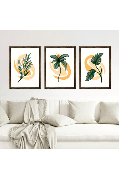 Dekorsiahome Set de pictură cu 3 piese cu ramă din lemn OliveLeaf