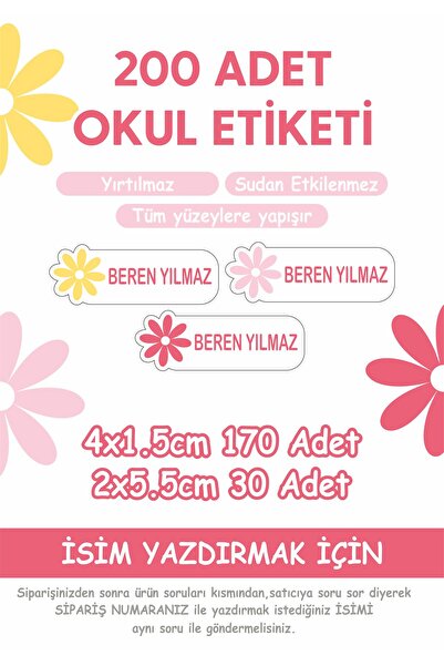 WALLHUMAN Çiçek Temalı Okul Etiketi Kalem Defter Özel Isim Yazılabilen Etiket