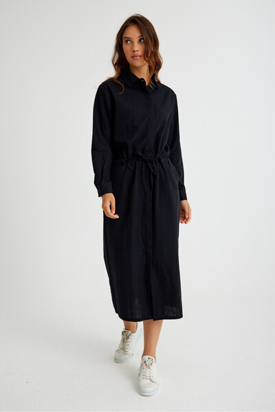 Mothermood Keten Günlük Rahat Beli Bağcık Detaylı Uzun Kol Elbise