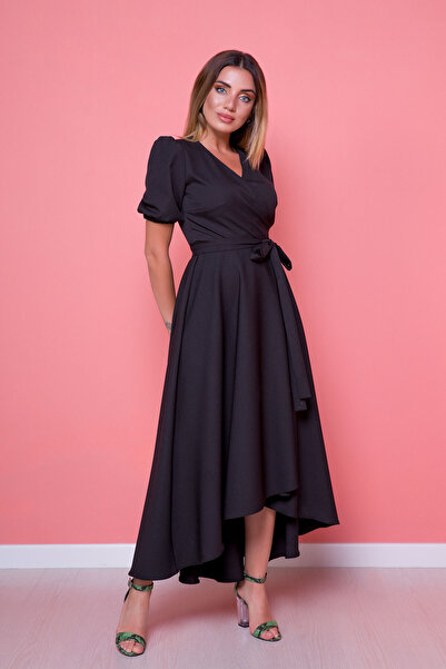 NO48 Černé, tkané šaty s řaseným límečkem asymetrického střihu s dvojitým lím...