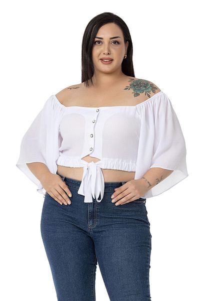 DISENTIS MODEST Plus Size Wide Sleeve Elastic Waist and Gathered Crop White Blouse