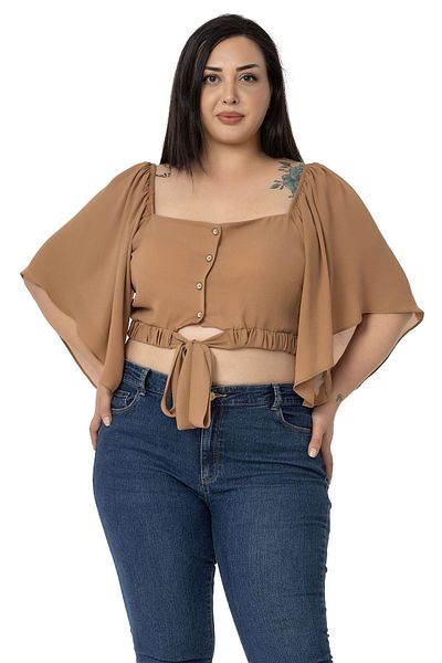 DISENTIS MODEST Plus Size Wide Sleeve Elastic Waist and Gathered Crop Camel Blouse