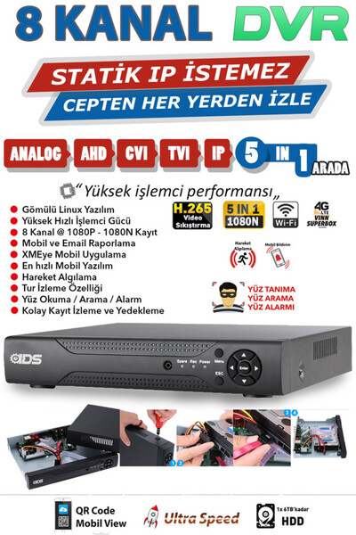 IDS 8 Kameralı Set - 5mp Sony Lensli Full Hd Gece Görüşlü Güvenlik Kamerası Sistemi - Cepten Izle