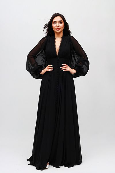 HaHelin Long Evening Dress with Collar and Button Detail