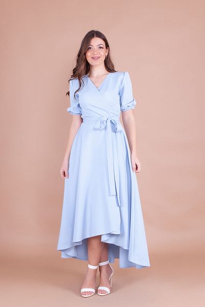 NO48 Baby Blue ασύμμετρο φόρεμα με διπλό στήθος με κοντό μανίκι υφαντό ύφασμα