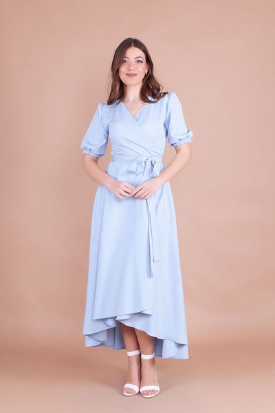 NO48 Baby Blue ασύμμετρο φόρεμα με διπλό στήθος με κοντό μανίκι υφαντό ύφασμα