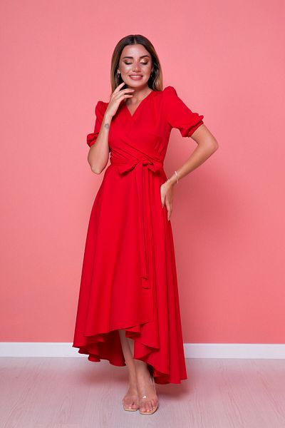 NO48 Red Asymmetric Cut Double Breasted Collar Short Sleeve Woven Draped Fabric Dress
