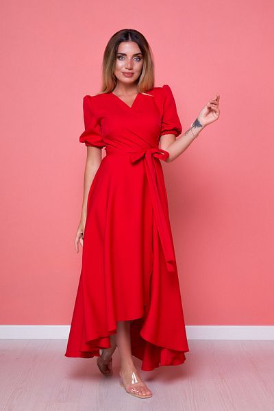 NO48 Red Asymmetric Cut Double Breasted Collar Short Sleeve Woven Draped Fabric Dress