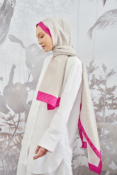 ARMANDA Checkerboard Monogram Shawl - Stone and Fuchsia Color
