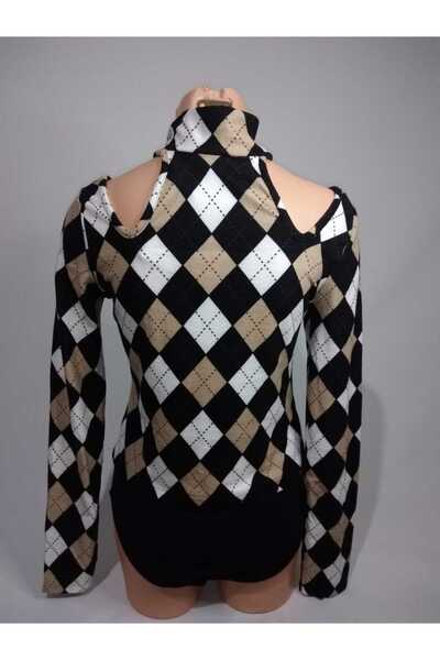 TİLLE Women's Black Mink Diamond Pattern Off-the-shoulder Turtleneck Collar Long Sleeve Thin Camisole Fabric Crop